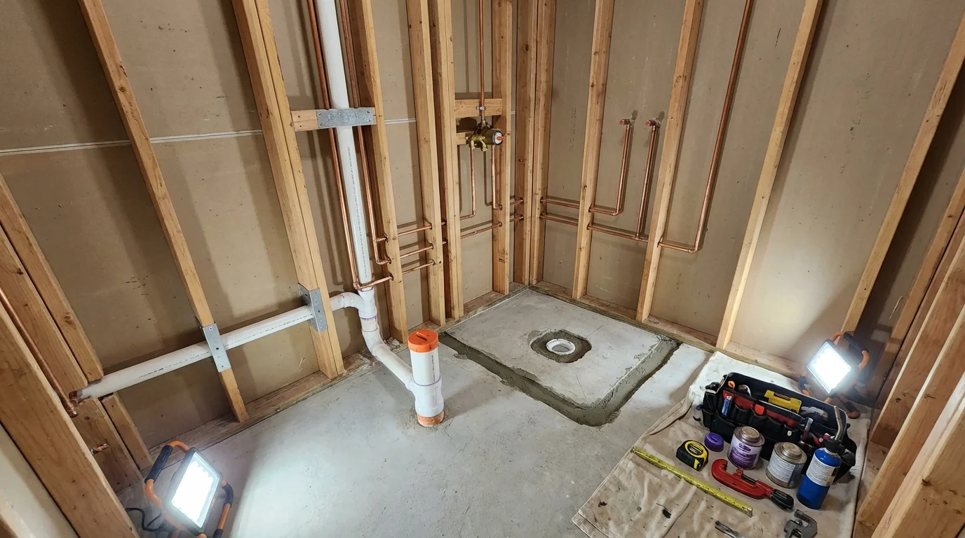 Bathroom rough-in plumbing during remodel by Johns Plumbing LLC in Trujillo Alto