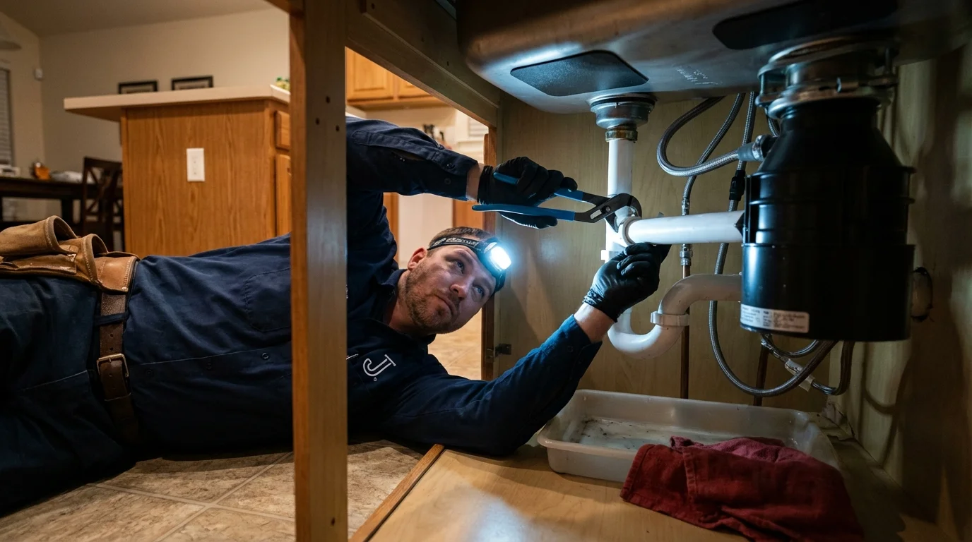P-trap and supply line connections under a kitchen sink showing a common leak point in Trujillo Alto, PR